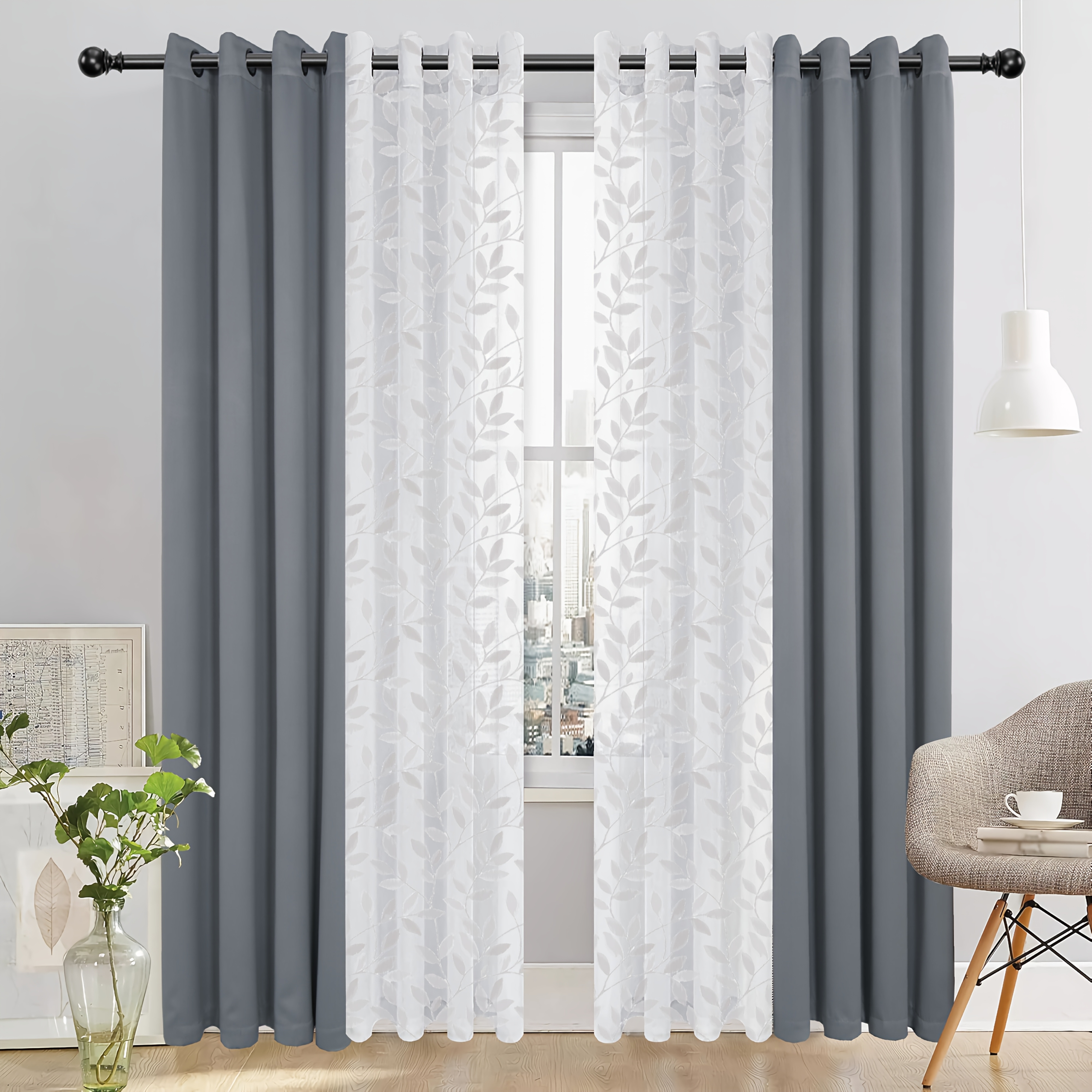 Elegant 4pcs Blackout Curtain Set with Spring Leaf Print