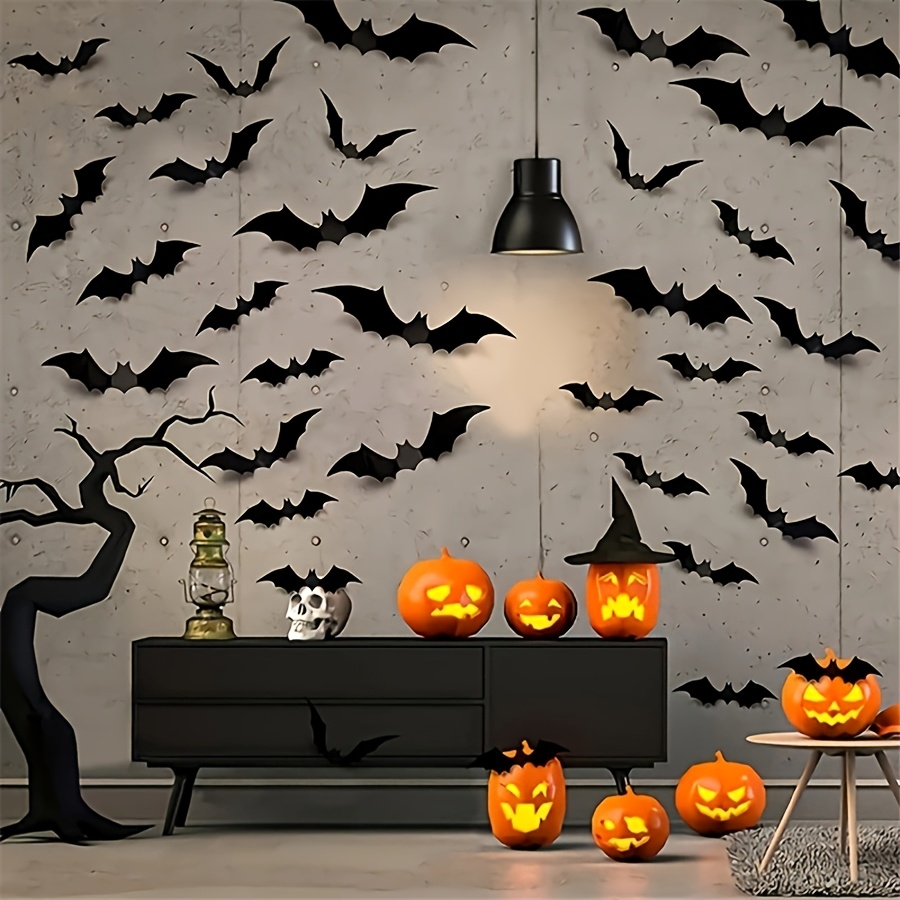 12pcs/24pcs/36pcs/48pcs/60pcs/72pcs/96pcs/120pcs/144pcs, 3D Black PVC Bat Halloween Decoration - Scary Decor Props for Bar Room, Wall Sticker- Perfect for Halloween Party And Supplies, Weird Stuff- Halloween Home Decor, Halloween Party Favor- 4 Sizes