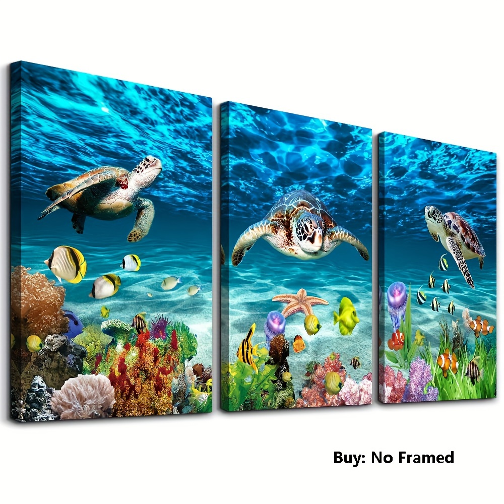 

Underwater Ocean Life Canvas Wall Art Set - Turtle, Shark, And Tropical Fish Modern Print Decor For Living Room, Bedroom, Office - Unframed 12 X 16 Inches, 3 Pieces