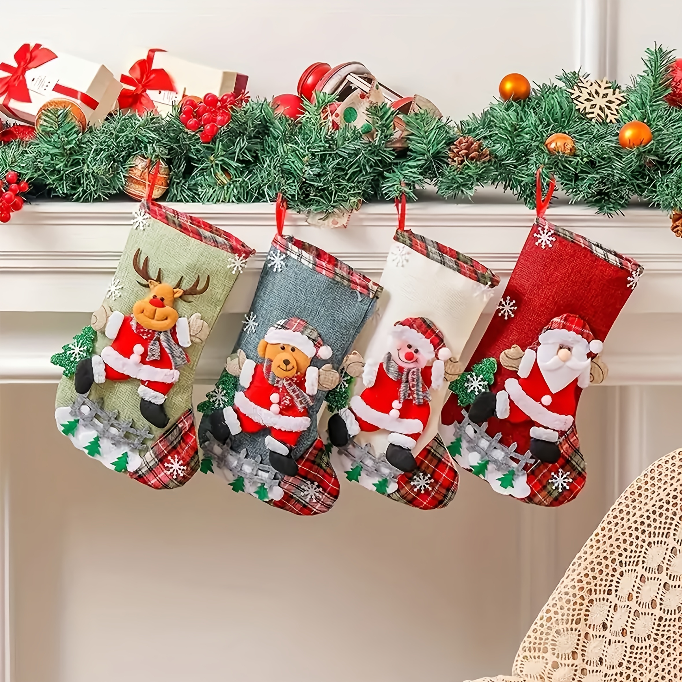 TEMU 4 pezzi Calze di Natale a forma di , Sacchetto regalo, Calze regalo, Calze grandi in iuta, Ornamenti per albero di Natale, Ciondoli decorativi