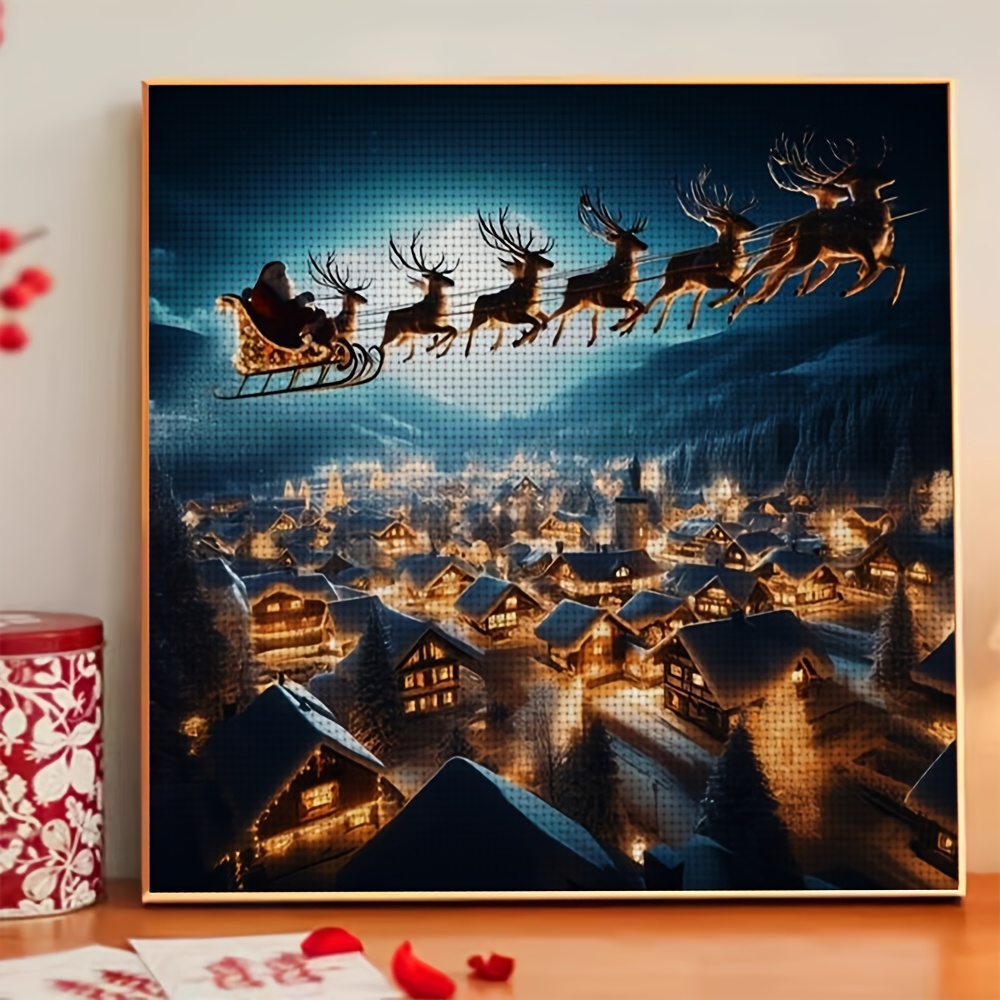 Frameless Cross-Stitch Printed Kit, Santa Claus Flying Over a Snowy Village