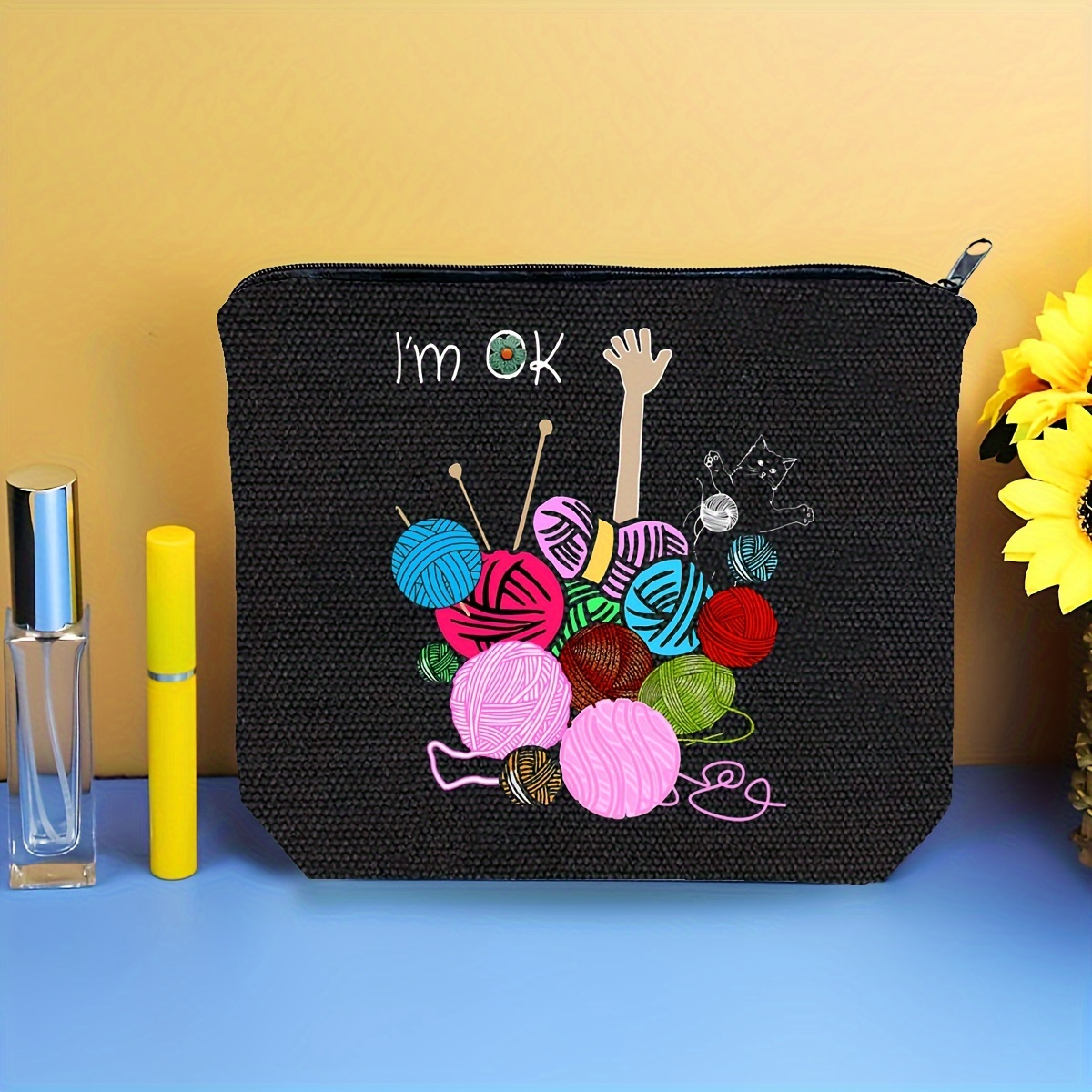 

1pc Crochet I'm Ok Bag For Sister Storage Bag Crocheting Knitting Sewing Pouc Quilting Toiletry Cosmetic Bag Bag 8.66x7 -beading Storage