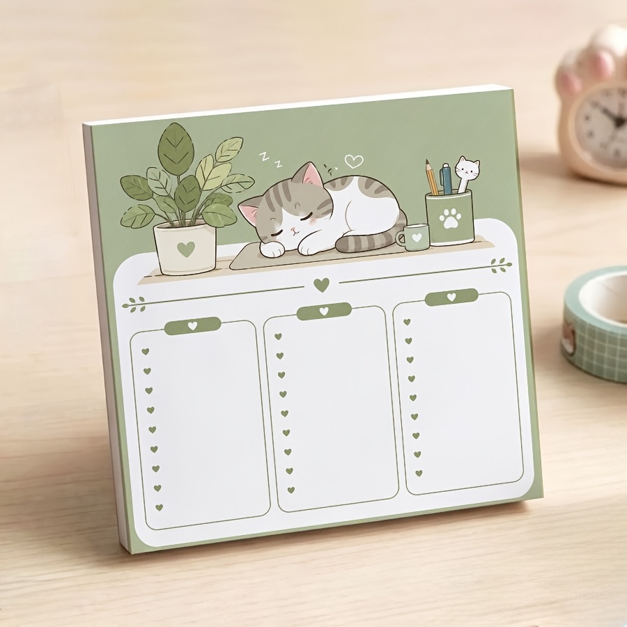 TEMU Bloc-notes antiadhésif à 3 colonnes avec chat , bloc-notes détachable kawaii vert sauge, papier d'écriture de liste de contrôle pré-imprimé pour