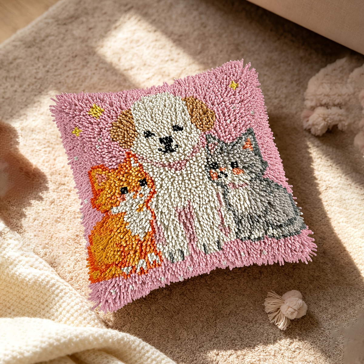 Handmade Pillow Latch Hook Kit, Cats and Dogs Design