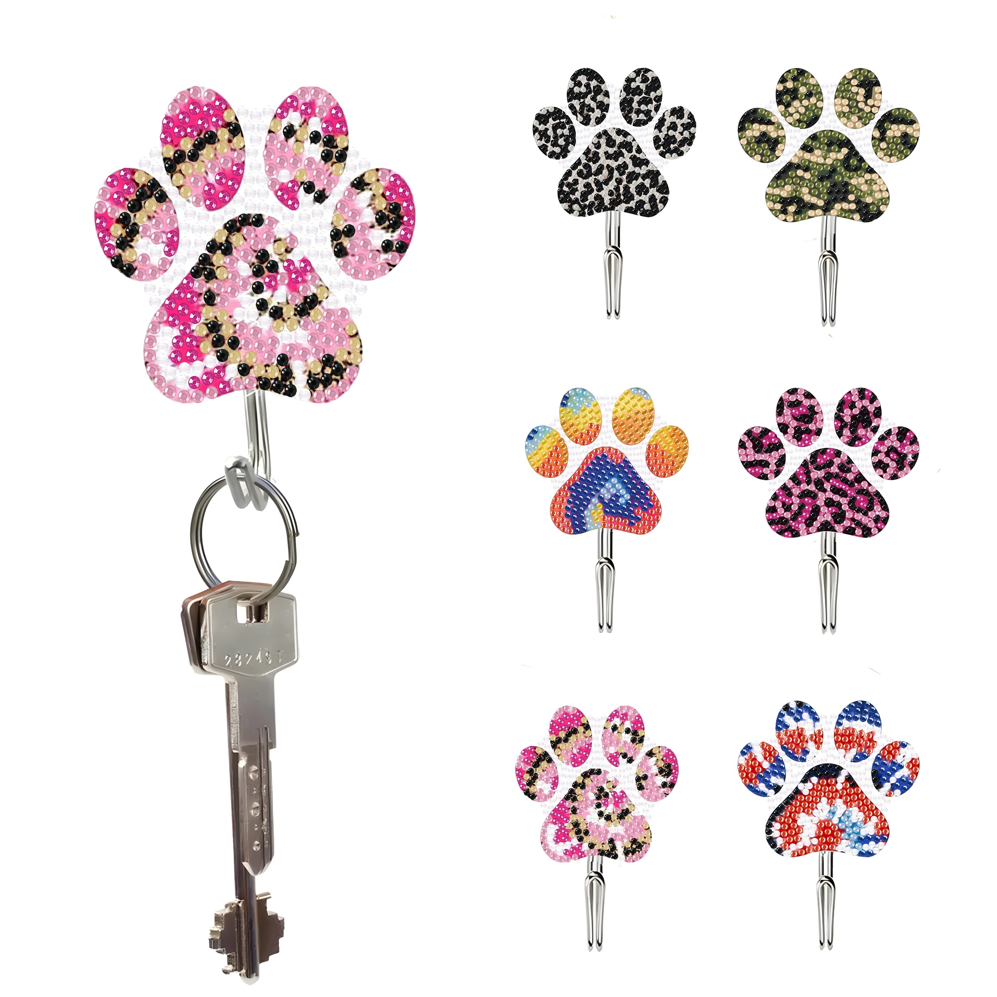 

6-piece Diamond Art Paw Print Wall Hooks - Diy Embroidery Key Hangers, Acrylic Craft Decor