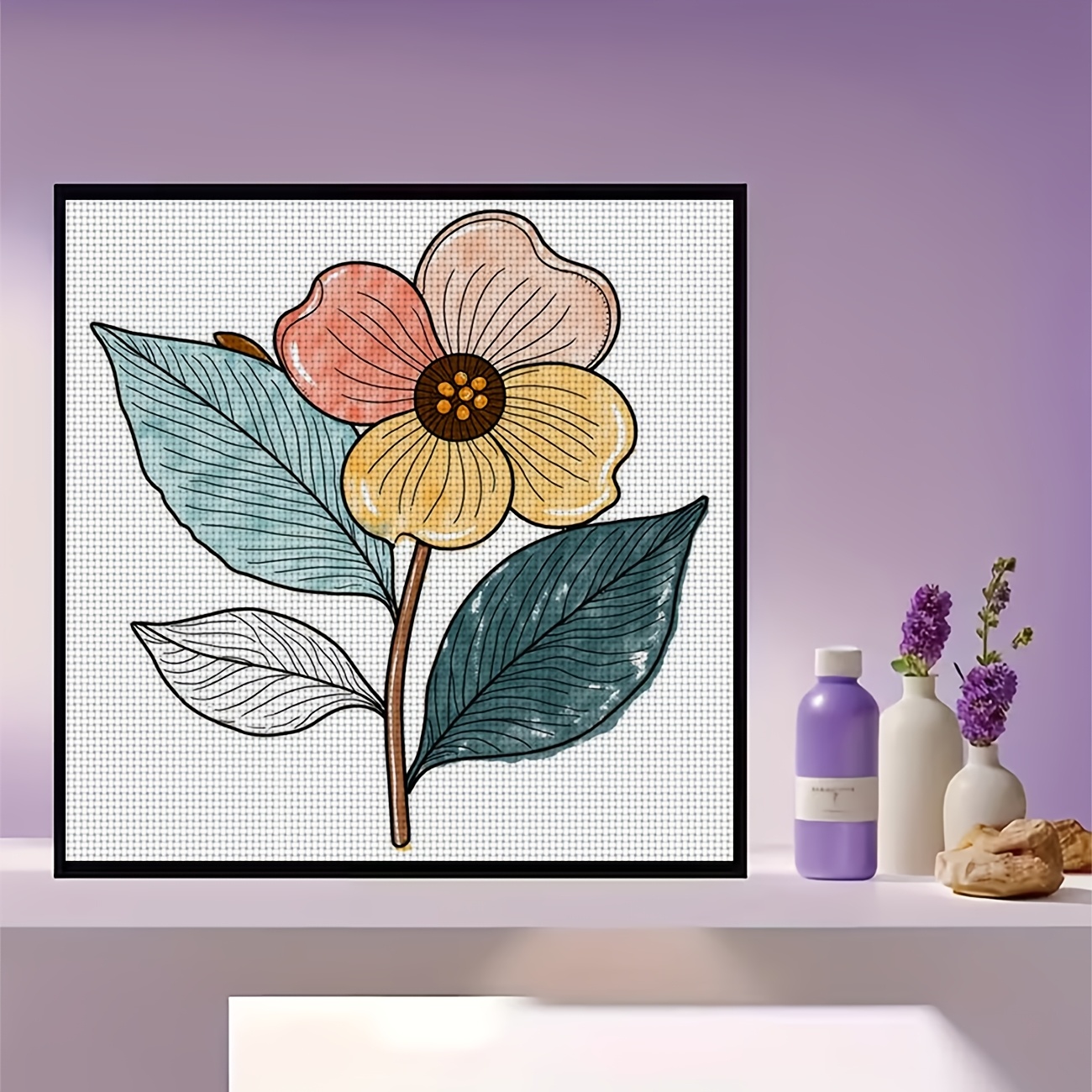 Frameless Cross Stitch Printed Kit, Colorful Flowers and Green Leaves Pattern