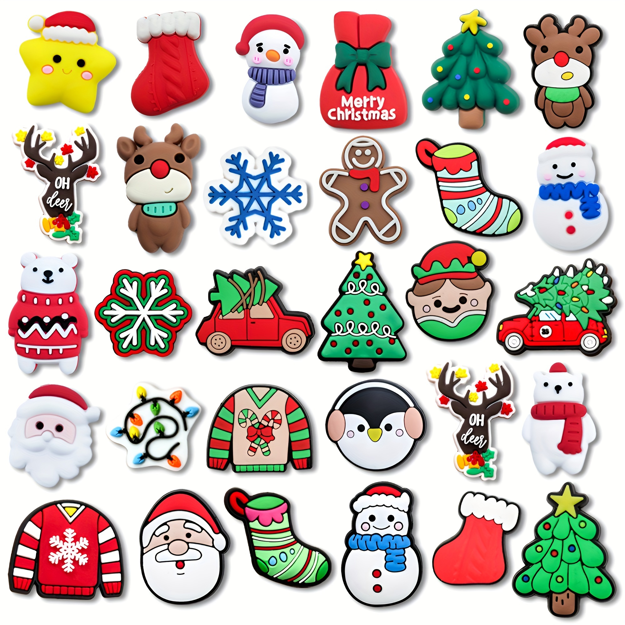 Image of 30pcs Festive Pvc Christmas Shoe Charms Set - Diy Decorations With Snowman, Tree, Reindeer, Stockings & More For Clogs, Slides, Sandals - Versatile Accessories For Beach Bags & Gifts