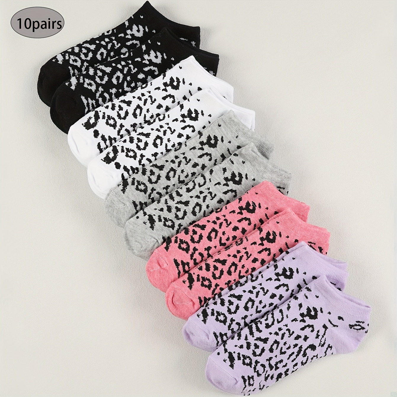 TEMU 10-pair Mixed Color Pack Of Black, White, Gray, And Leopard Sports Sweat-absorbing Women's Low-cut Ankle Socks