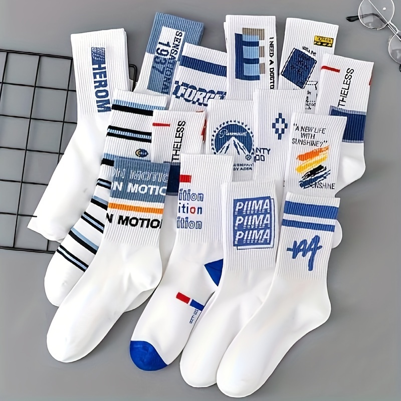 TEMU 7pcs Men's Trendy Crew Socks - Breathable, For Sports & Casual Wear, Polyester & Spandex Blend