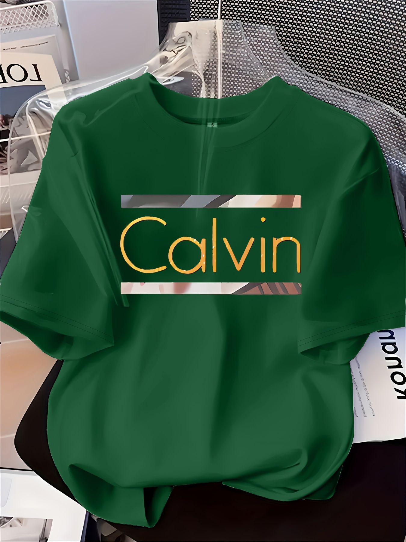 Women's Elegant Round Neck Short-Sleeve T-Shirt - Vibrant Red with White Calvin Monogram Print, Soft Fabric, Casual Versatile Top for Spring & Summer, Machine Washable, Casual Attire, Stylish Letter Print, Comfortable Fit