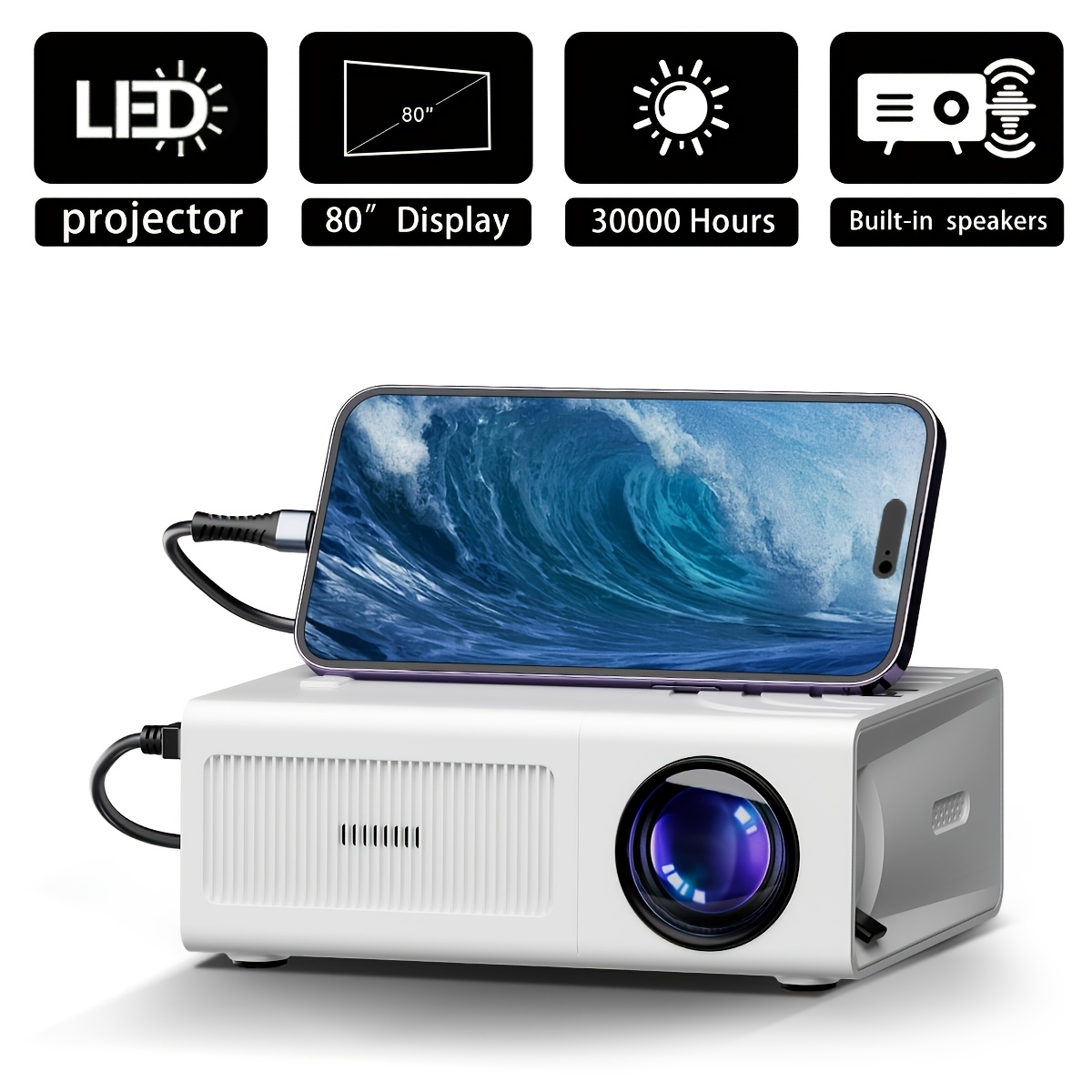TEMU Portable Hd Projector For Camping, Office & Home Theater - 1080p Hd Support, Built-in Speaker, Smartphone/usb/sd , Outdoor - Perfect Gift For
