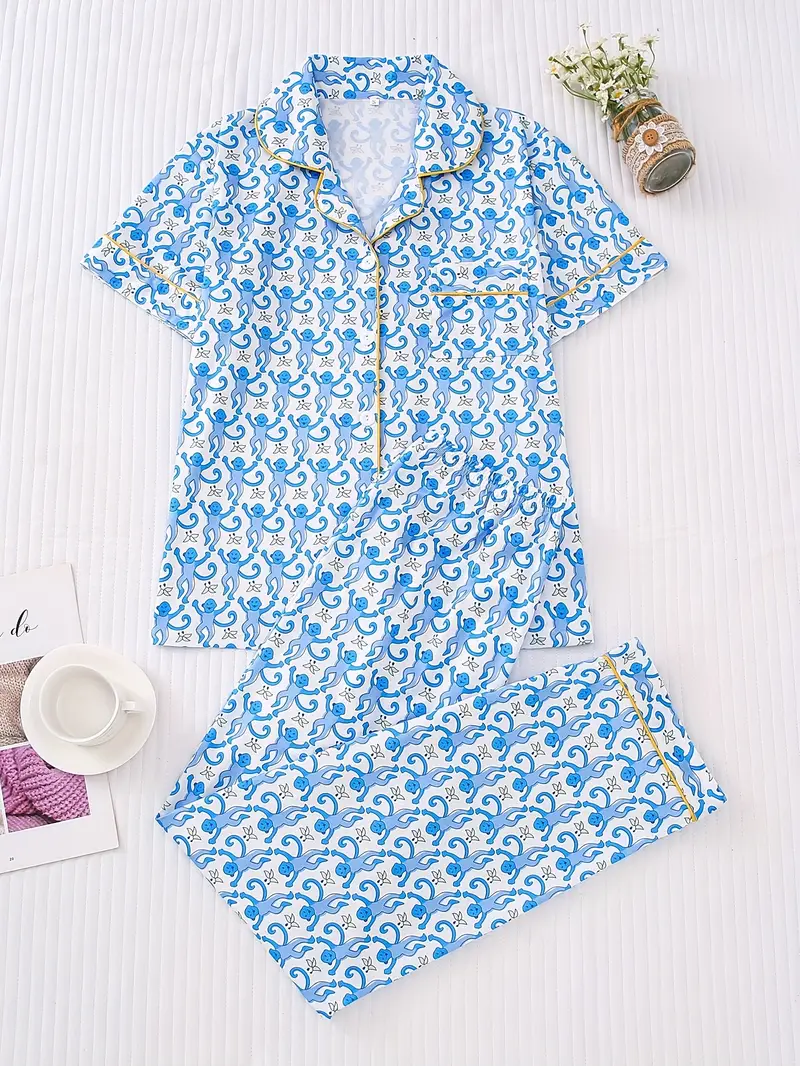 three sets of womens pajamas set womens pajamas set combination knitted fabric short sleeved button top and matching pants full body print collar and pocket details suitable for adult pajamas set Product details 6