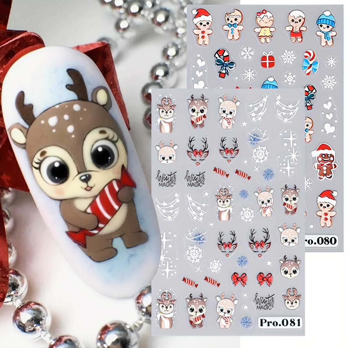 

Christmas Cartoon Reindeer Nail Stickers Decals -80+81, Self-adhesive Embroidered Plastic Nail Art, Fantasy Theme Matte Finish, Rectangle Single Use Unscented Embellishments For Nail Decoration