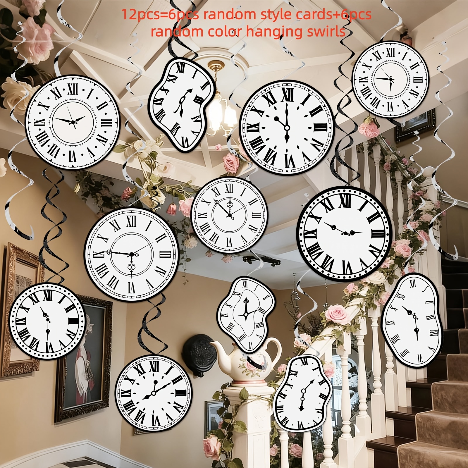 TEMU 12/24/36pcs Random Style Random Color Tea Party Decorations Clock Hanging Swirls, Clock Ceiling Streamers Fairytale Themed Hanging Decorations