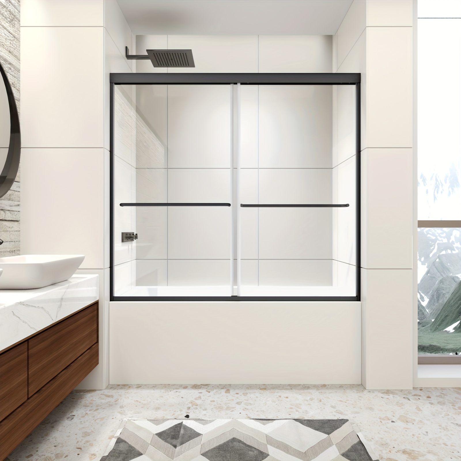 Sliding Tub Shower Door - 56-60" Adjustable Width, 58" H, 1/4" Tempered Glass, Black Frame