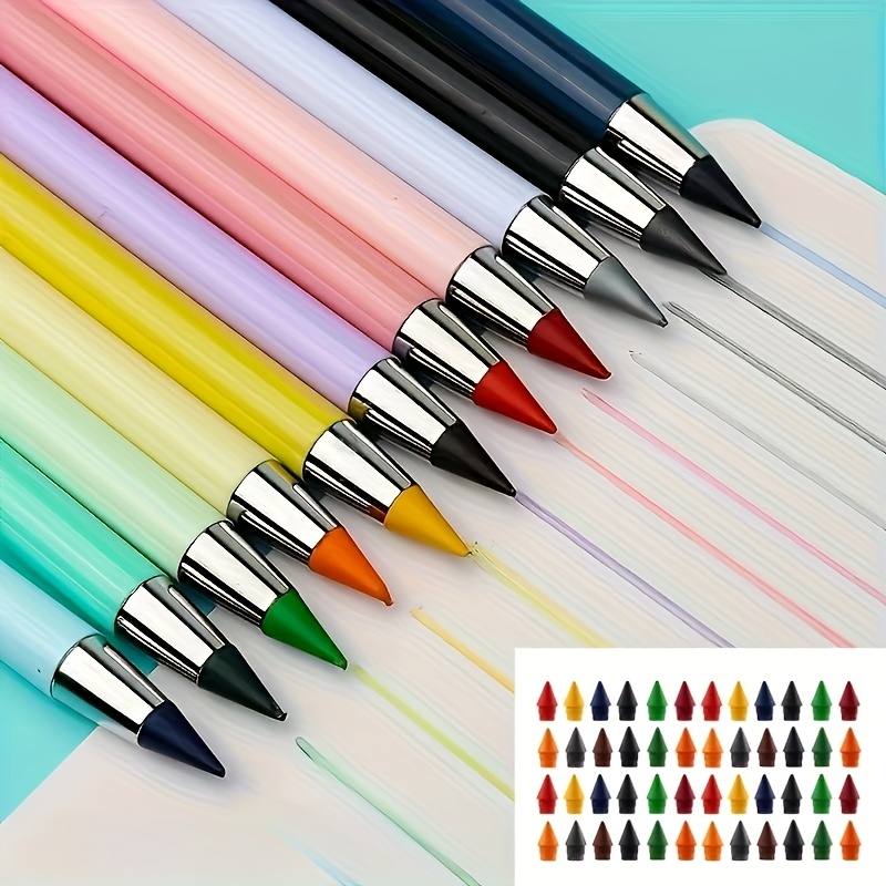 TEMU 12 Pens + 48 Colorful Lead Tips, Pencils With Built-in Erasers, Eternal Pencils, Hb Pencils, Suitable For Professional Drawing