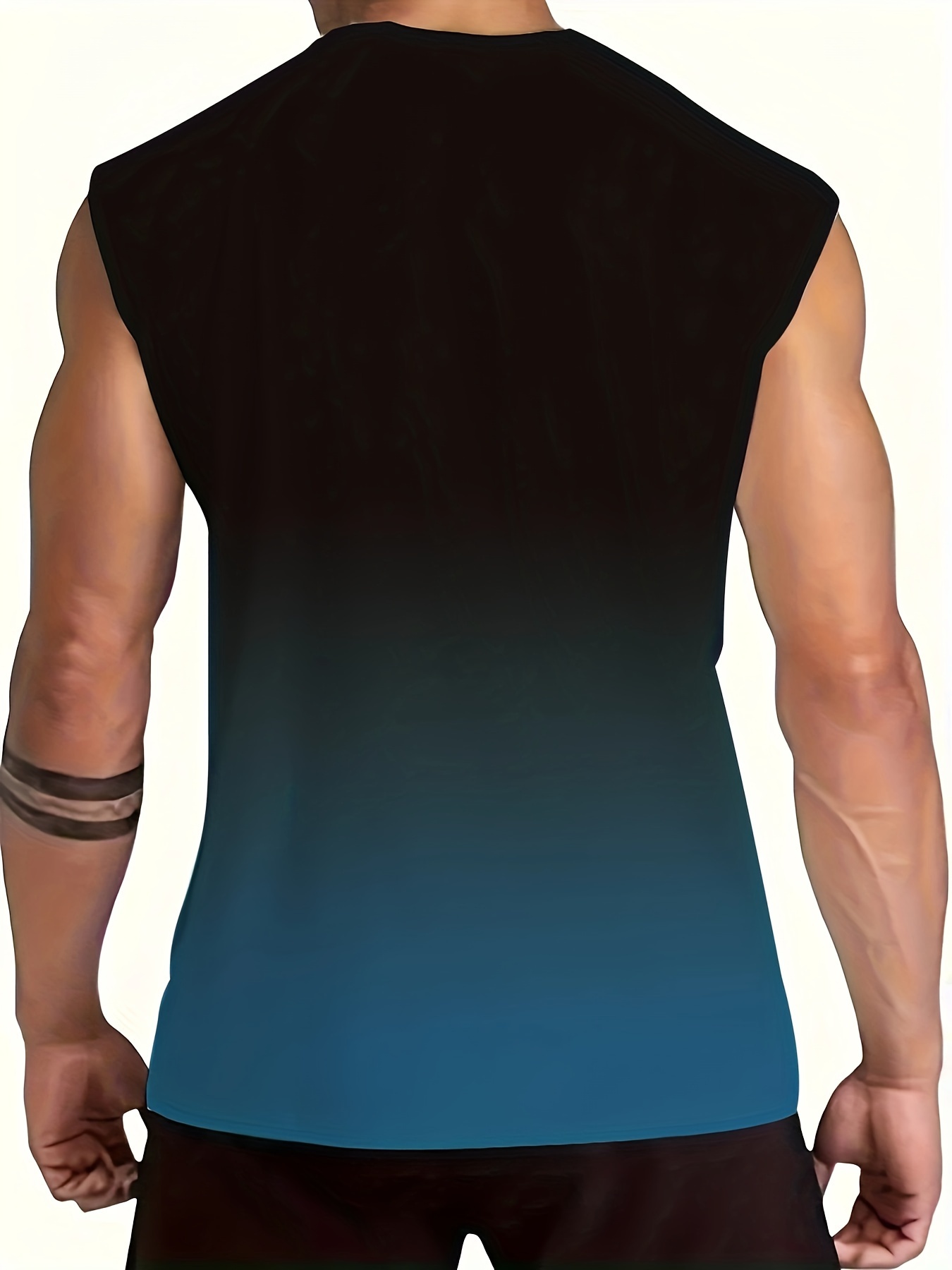 Men's Plus Size Gradient Print Tank Top - Breathable Sleeveless Shirt for Summer Fitness, Casual Wear, and Sports - Black to Blue Lightning Bolt Design, Summer Fitness Apparel | Round Neckline Shirt | Polyester Spandex Blend, Summer Tank Tops, PLUS SIZE
