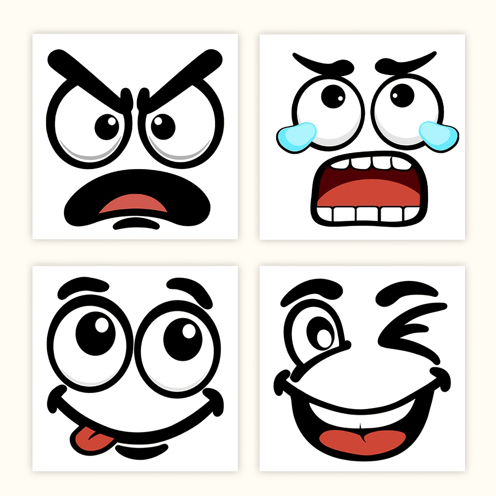 Image of 4pcs Cartoon Face Pvc Stickers - Self-adhesive, Glossy, Removable | For Trash Cans, Fridge, Wall & Toilet | Indoor & Outdoor Use, Reusable | Fun Theme Decor For Home & Party