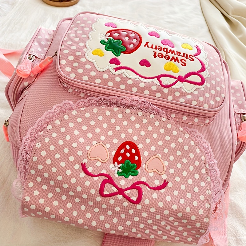 1pc Cute Embroidered Fruit Strawberry Lace Backpack, Student School Bag, 1pc cute embroidered fruit strawberry lace backpack students  main image 2
