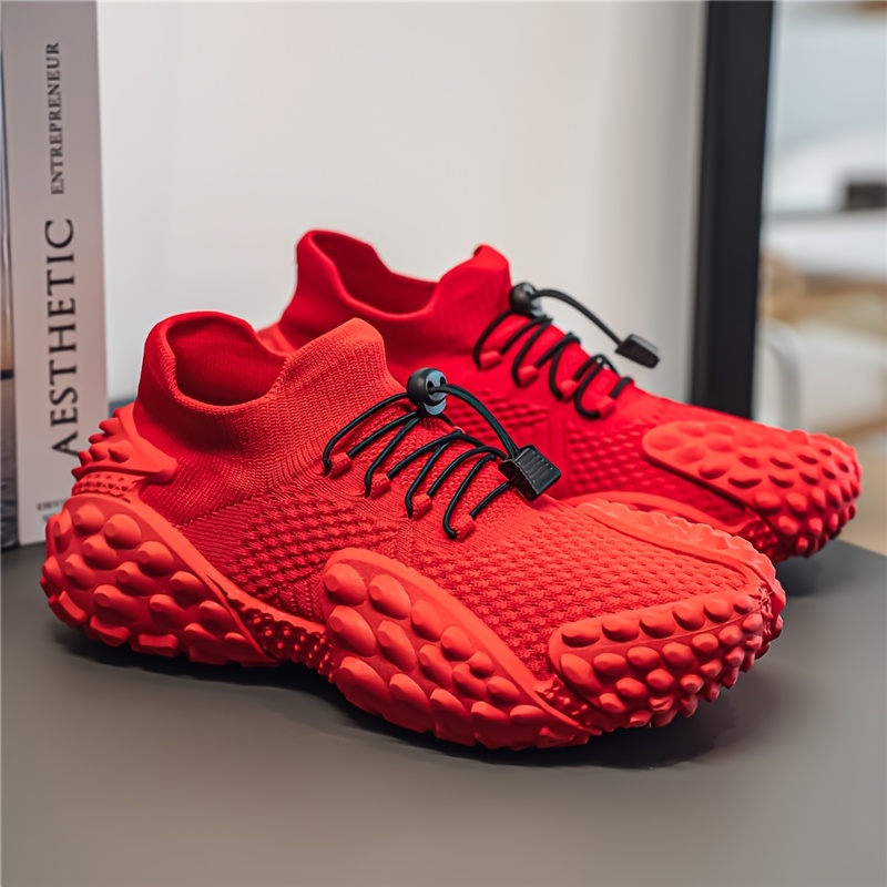 Sand-colored Knitted Mesh Outdoor Shoes with Particle Detailing, Low-Top Thick-Soled Dad Sneakers, Slip-On with Drawstring, Casual Breathable Athletic Running Shoes, Plus Size Men's Shoes