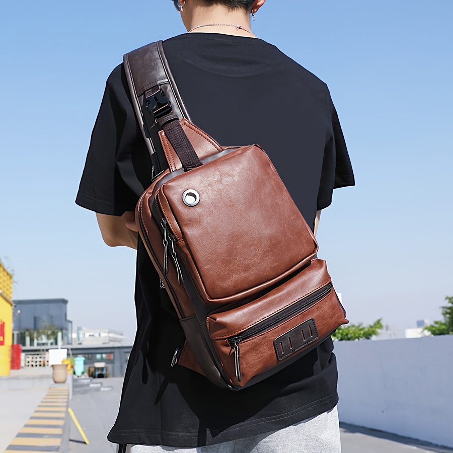 

Men's Large Capacity Chest Backpack Retro Slant Shoulder Bag With Earphone Cables Hole, Multi- Functional Crossbody Bags Tablet Bags