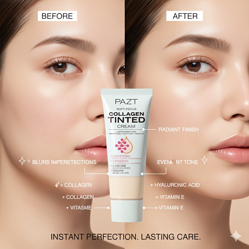 The PAZT Soft-Focus Collagen Tinted Cream Combines The Functions of a Moisturizer, Primer, And Foundation. It Contains Precious Collagen And Moisturizing Essence, Instantly Concealing Pores And Imperfections, Evening