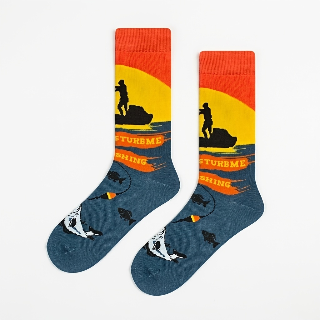 TEMU 1 Pair Orange Blue Contrasting Fishing Letter Silhouette Themed Mid-length Socks, Unisex Retro , , Breathable And Skin-friendly, Suitable For