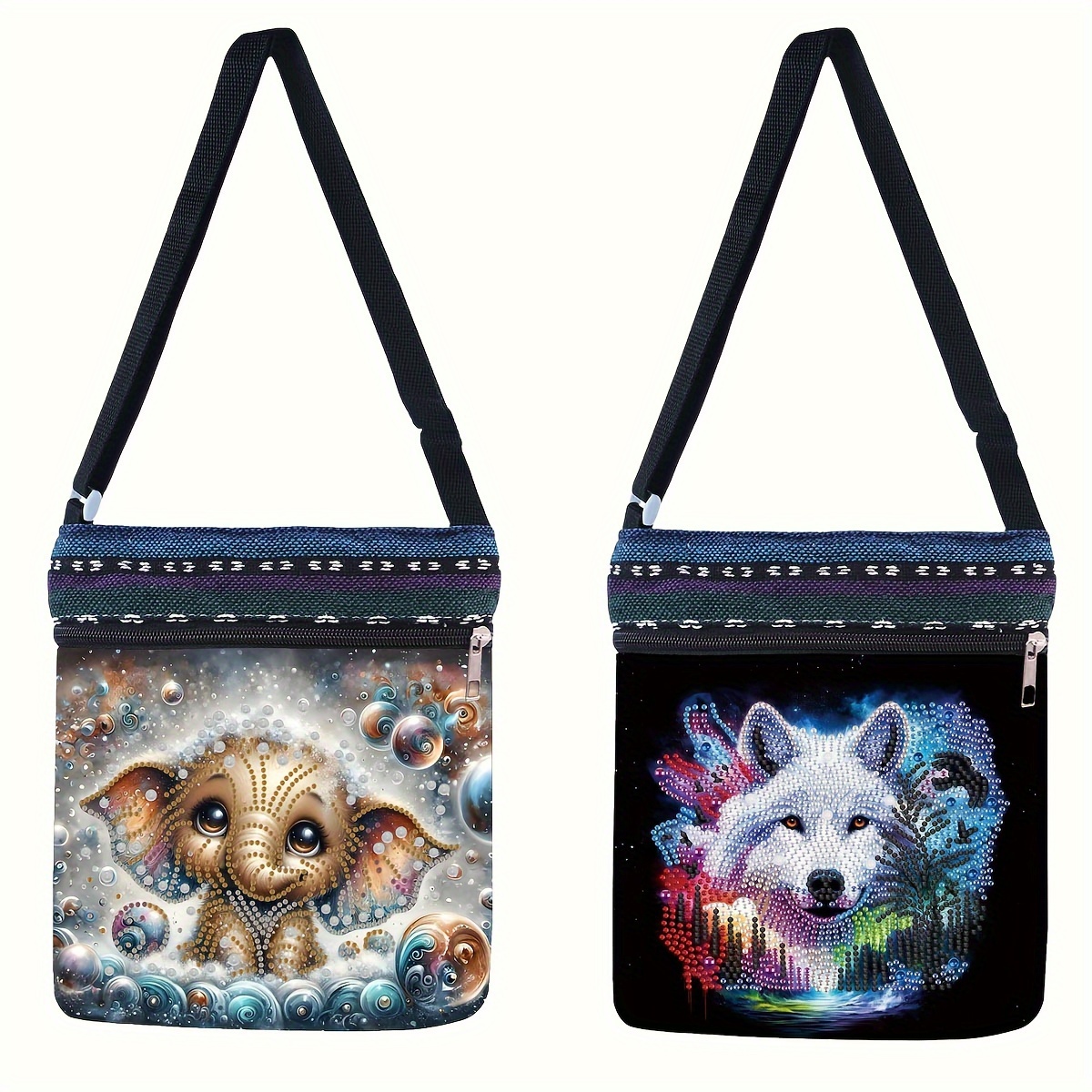 

2pcs Animal Crossbody Bags - 5d Diy Shoulder Bags With Zipper, Vibrant Elephant & Wolf , Travel, Shopping, And Holiday Gifts For Women