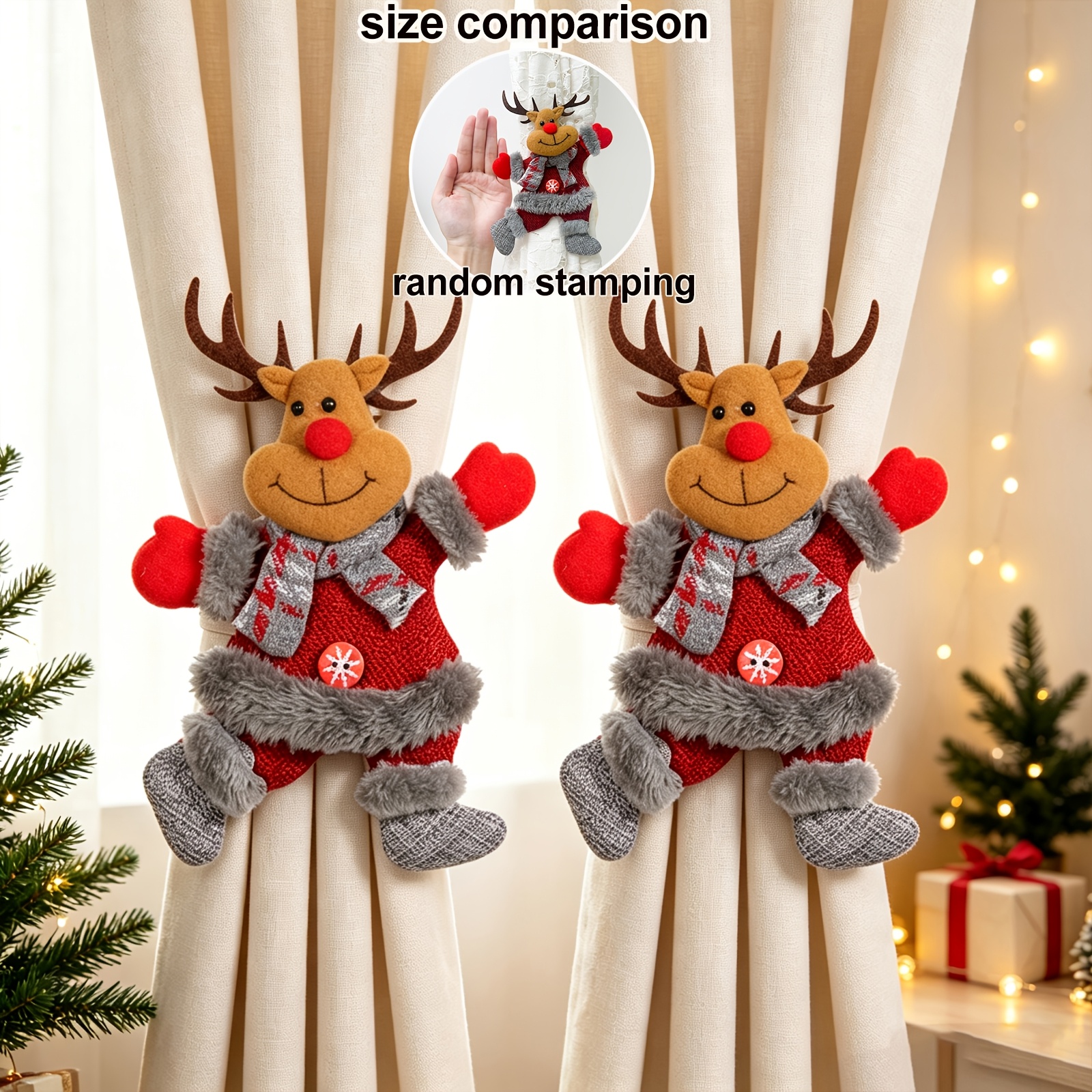 TEMU 2pcs Set Creative Christmas Santa Tiebacks 2026 Christmas Snowman New Year Curtain Holder With Winter Gray Plush Design For Christmas Xmas