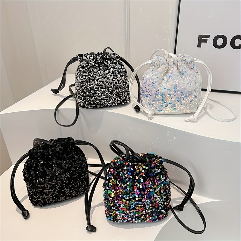 

New Crossbody Bag, Women's Drawstring Pleated Design, Handbag, European And American Color Sequinned Bag