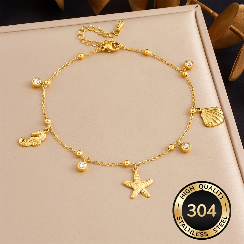 Image of Anklet 304 Stainless Steel Golden Starfish Anklet 2025 Shell Anklet Beach Themed Party Jewelry