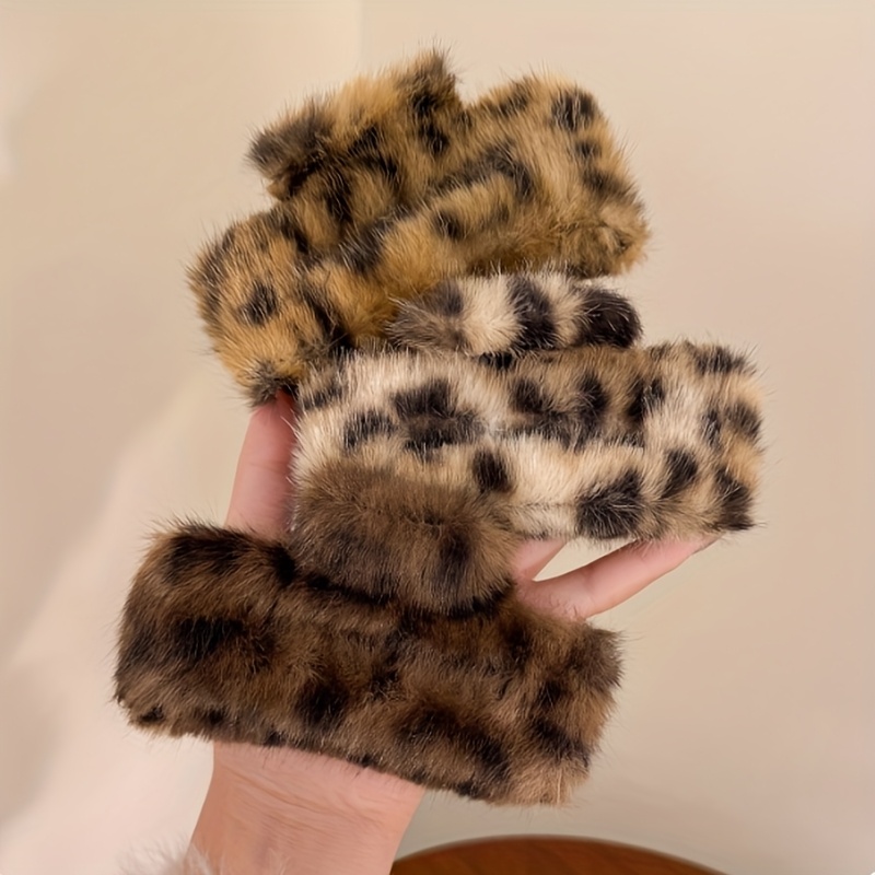 TEMU 3pcs Set Leopard Print Faux Fur Large Shark Clip, Elegant Fluffy Plush Hair Accessory, Women's Back-of-head Updo Hair Clip, Versatile Furry Hair