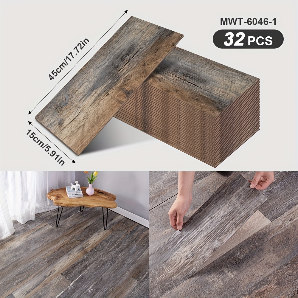 Image of 32pcs Of Self-adhesive Floor Stickers, Easy To, Peel And Stick, 15x45cm Wood Grain Strips, Suitable For Use In Living Rooms, Bedrooms, Offices, And Indoor Spaces