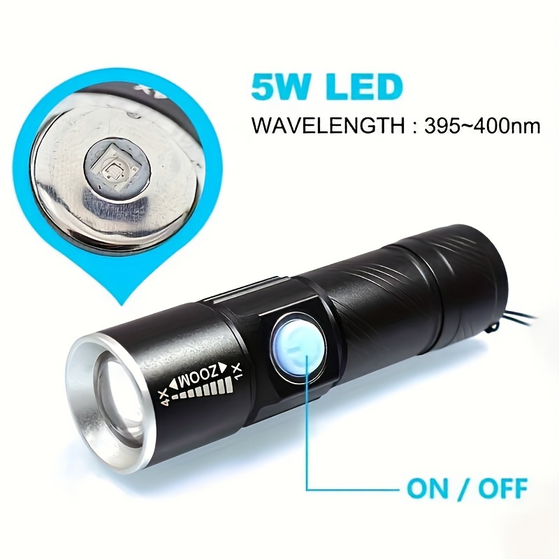 1pc UV 395nm 懐中電灯 USB 充電式 ズーム可能な紫外線ランプ 3 モードミニトーチ ブラックライト ペッ - Temu Japan