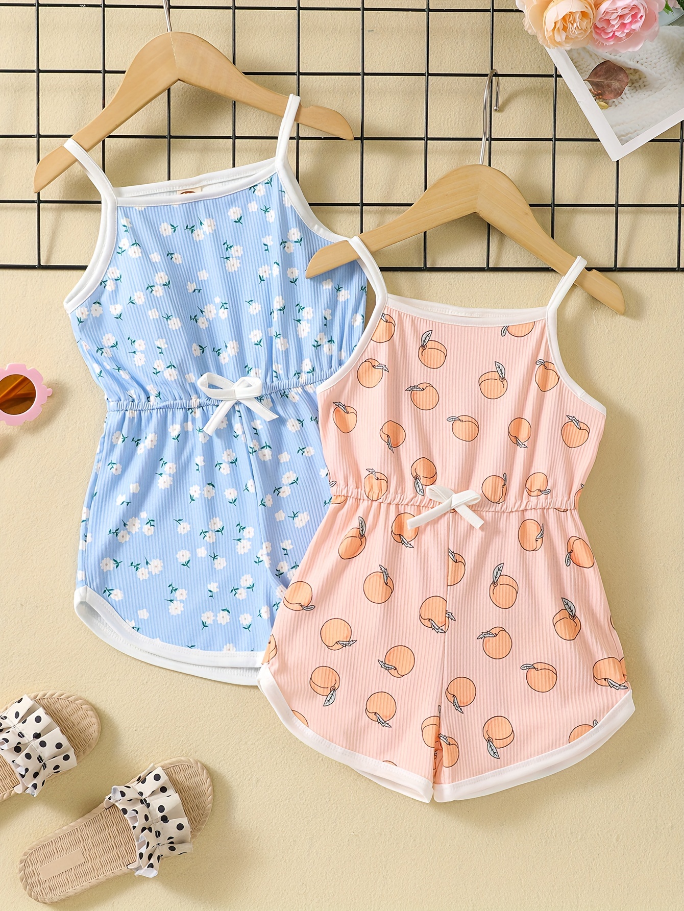 Cute 3D Print Cami Jumpsuit Set 2pcs Girls Cute Bow Decor Rompers For Summer Party Holiday Vacation