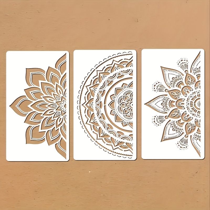 E-shop 3er-Set Wiederverwendbare Mandala Schablonen - Blumendesign Kunststoff Malvorlagen, 20.32X35.56Cm, Geeignet für Wandkunst, Fliesen, Möbel, Holz,