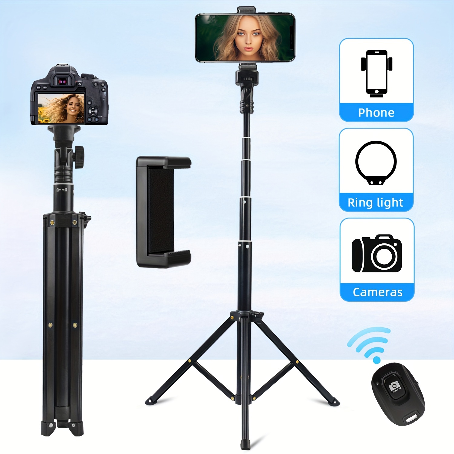 Palo selfie y trípode para teléfono, soporte extensible para teléfono  celular con control remoto inalámbrico y soporte para teléfono, compatible  con