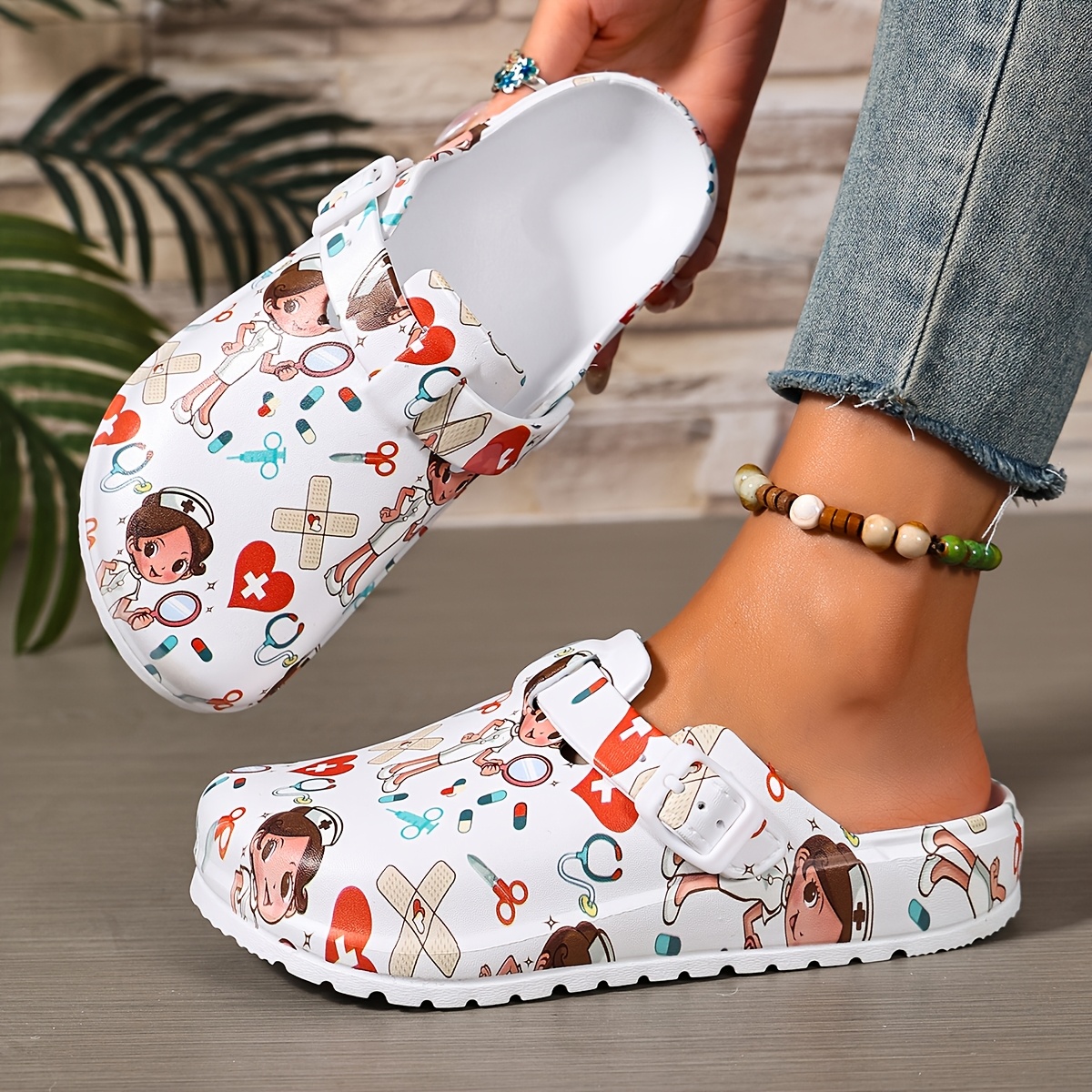 TEMU Women's Fashion Printed Shoes, Food Service Shoes, Lightweight Flat Mules With Comfortable , Adjustable Closure, Suitable For Beach, Garden, And