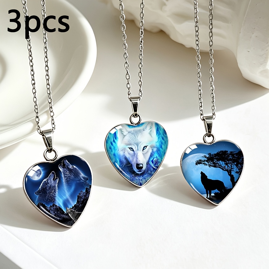 TEMU 3pcs Set: Heart-shaped Stainless Steel Teardrop Necklace With Blue- Forest Wolf Dark Realistic Heart Glass Pendant, Cool And Edgy Niche
