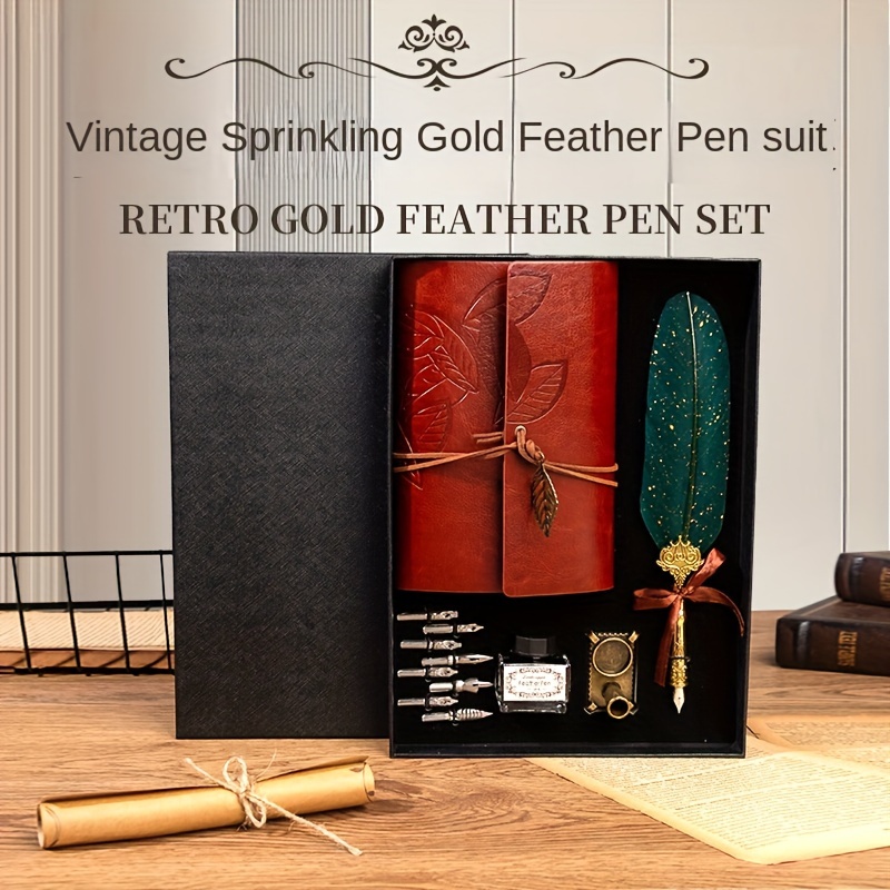 

1pc Notebook Sprinkled With Gold Feathers In Water Pen Carved Gift High-quality Gift Box Set