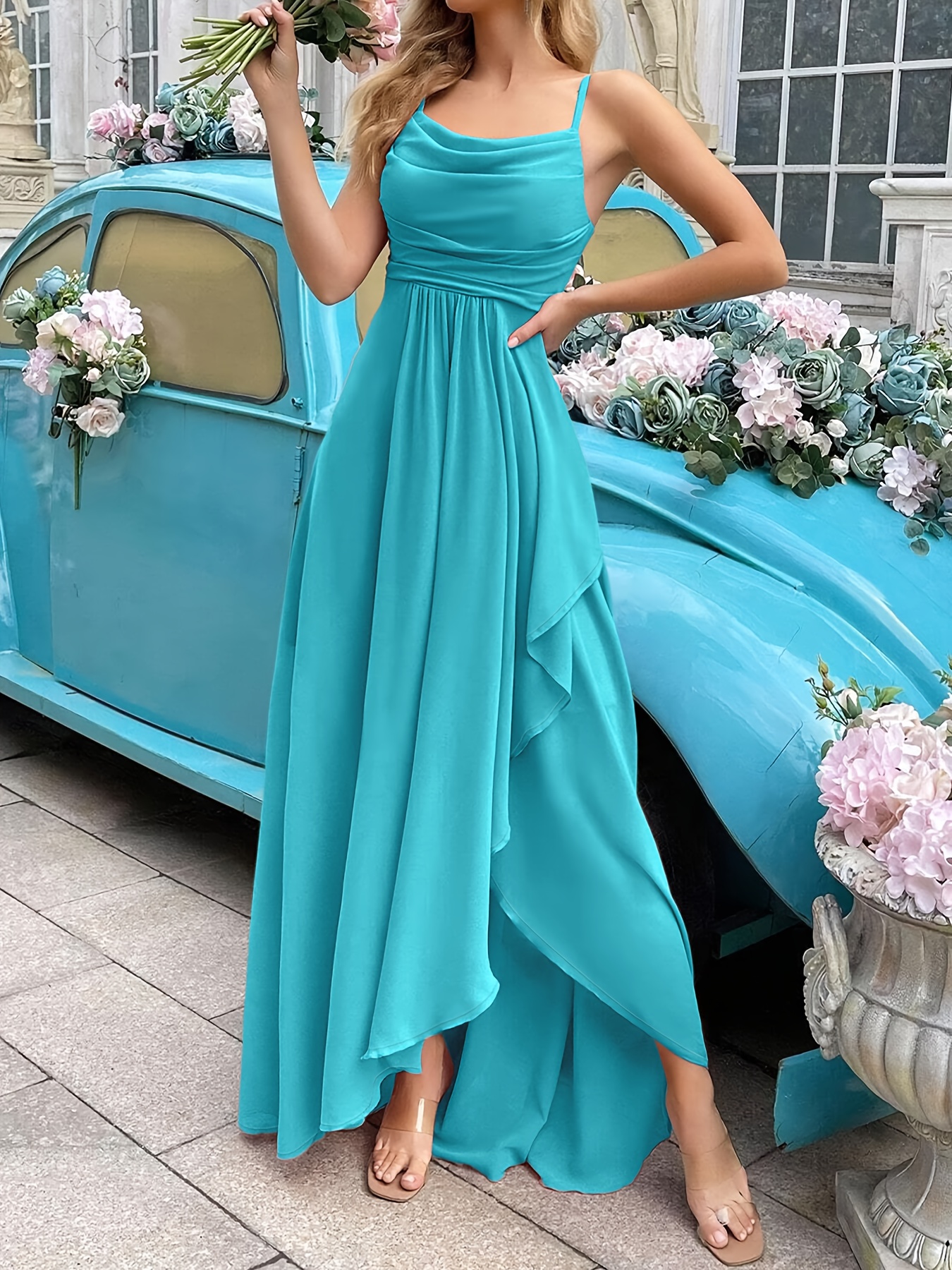knee length dresses for ladies Turquoise Tulle Maxi Dress with Lace Detail