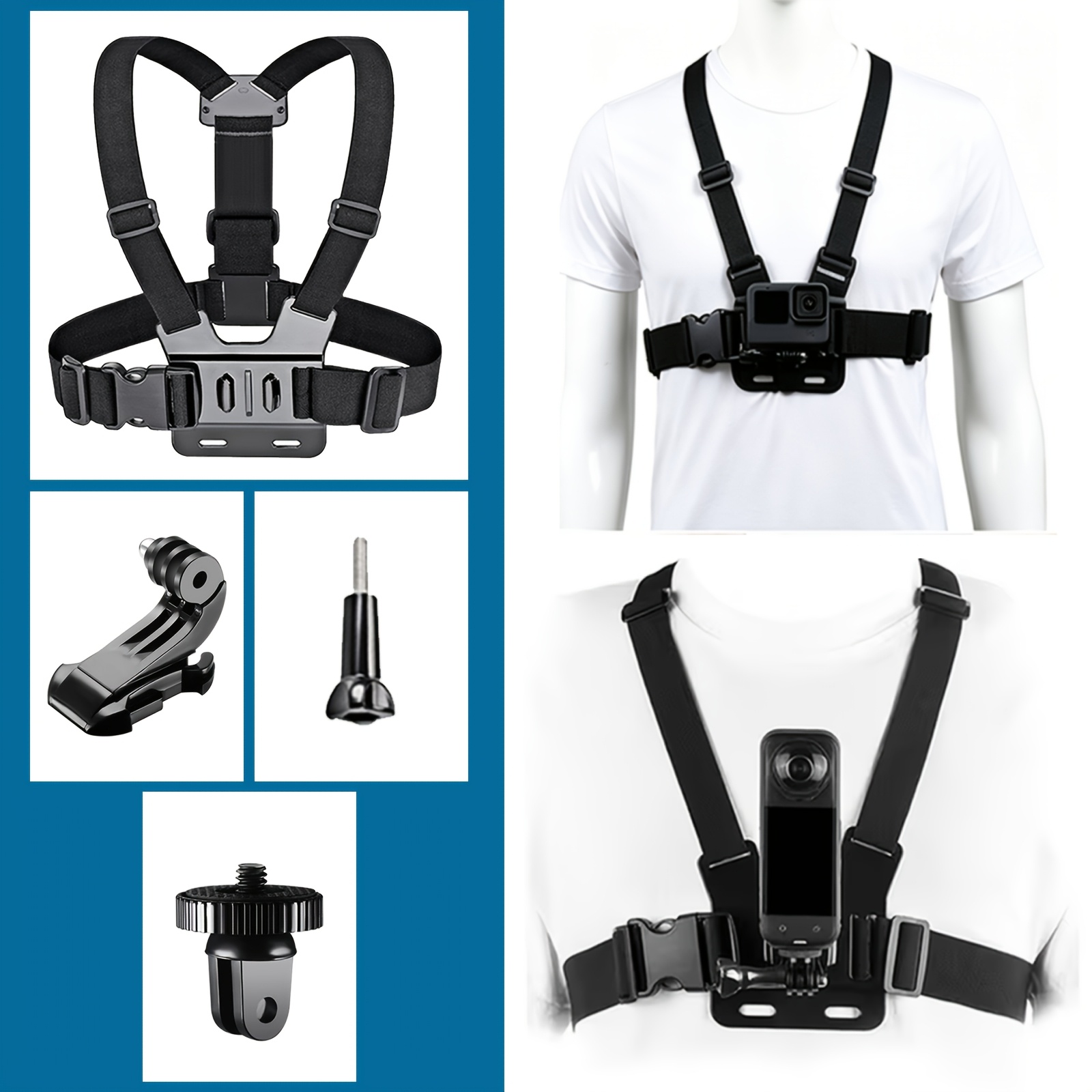 TEMU Adjustable Chest Mount Harness Strap With Adapter & Screw Set Compatible With Hero 13/12/11/10/9/8, X4 X3 Acepro & 6/5pro/4 Cameras, Comfortable