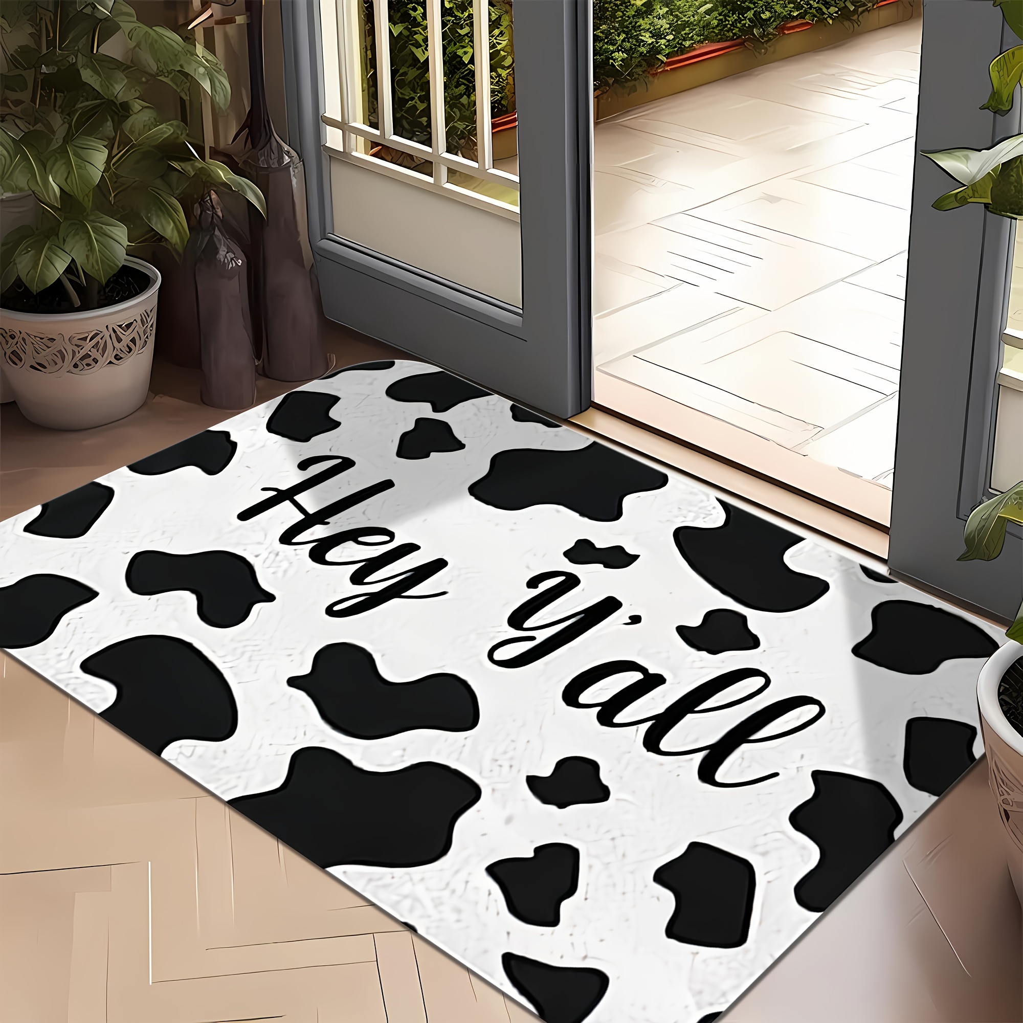 

Cow Print Door Mat: Hey Y'all - 3 Sizes Available - Non-slip, Easy To Clean, And Machine Washable - Perfect For Home Decor