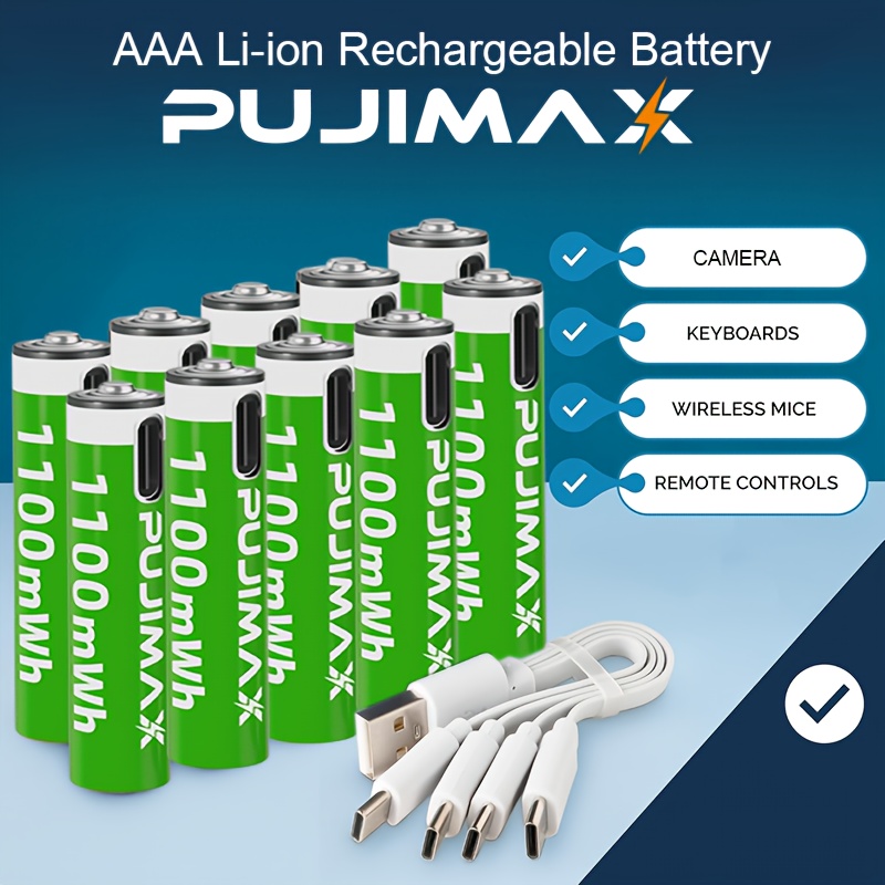 аккумуляторная батарея   aaa 1.5v 1100mwh - литиево-ионная, высокая мощность, стабильное напряжение, быстрая и долговечная зарядка usb-c, подходит для пультов дистанционного управления, клавиатур, беспроводных мышей, дронов, будильников, дверных звонков, в комплекте зарядный кабель Детали 0