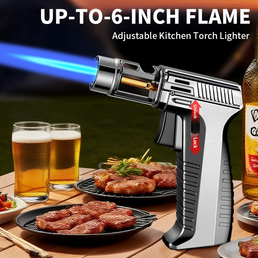 up to 6 inch max temperaturg 2372 f butane   with safety lock adjustable flame       with inflation and deflation nozzles windproof   for grilling baking cooking butane gas not included Product details 2