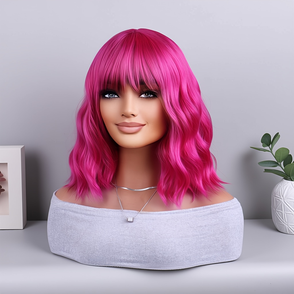 Pink Shoulder-length Curly Wig With Bangs, Heat-resistant Synthetic Wig Suitable For Parties Or Holidays