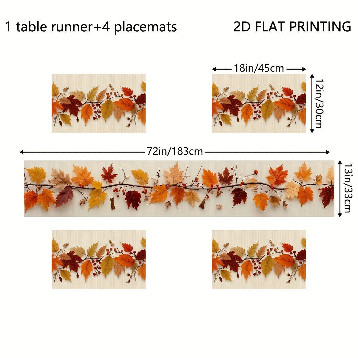 Image of 5/7pcs 2d Flat Autumn Leaf Branch Pattern Dining Table Runner And Placemats Set, Seasonal Holiday Decor For Kitchen, Perfect For Indoor Outdoor Family Celebrations, Elegant Daily Tabletop Style