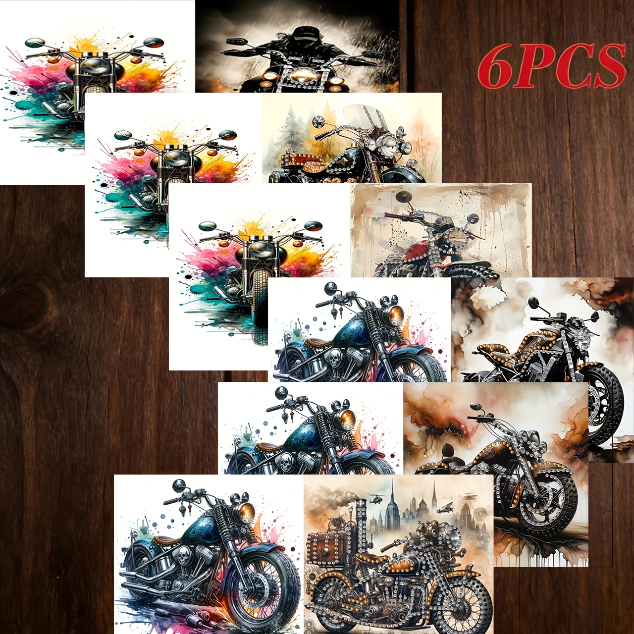 TEMU 2d Flat Printed, Original 6pcs Diy Diamond Painting Greeting Card Set With Motorcycle Design, Includes White Envelopes, Irregular Diamonds,