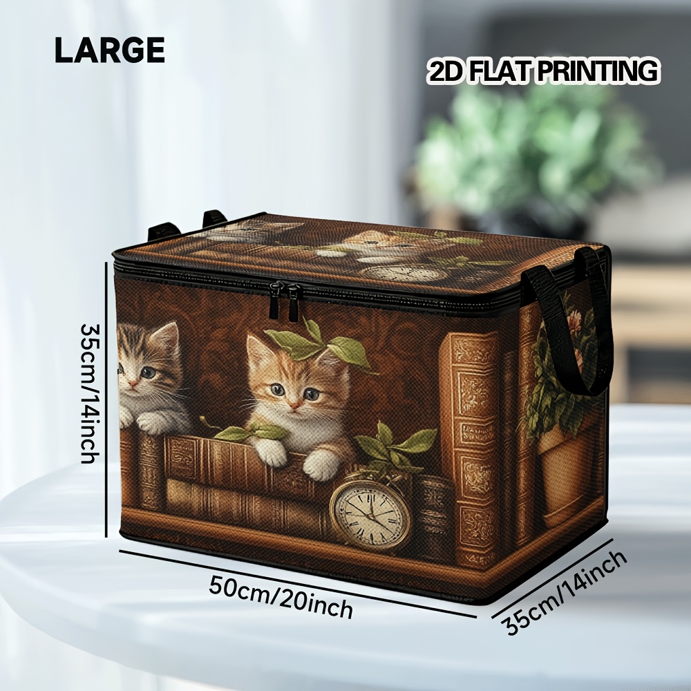 TEMU 1pc Panier de rangement plat imprimé 2D avec couvercle, motif thème chat parmi les livres et les fleurs, en tissu doux. Idéal pour organiser les