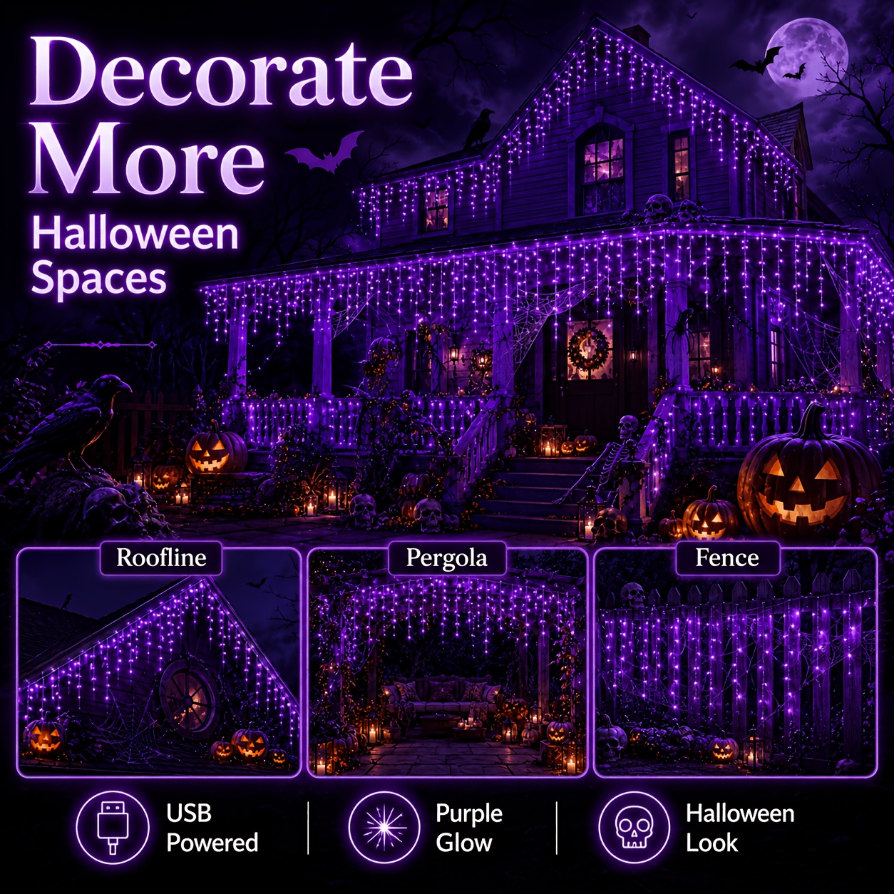 TEMU Décorations d'Halloween Guirlande Lumineuse USB de de Glace 194/104/47 LED Violette, 8 Modes, Décorations Lumineuses de Fêtes, Décor de Noël,